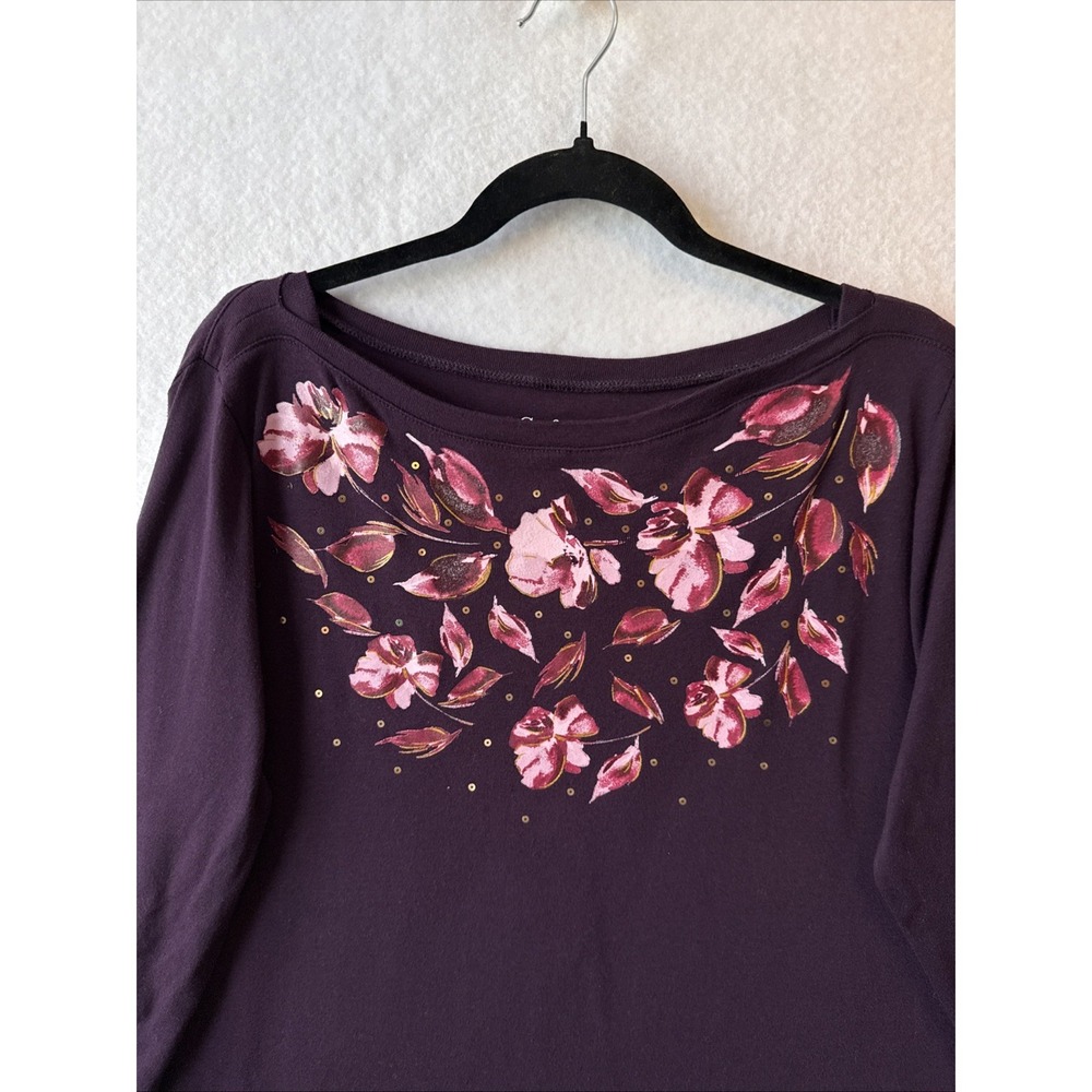 Croft & Barrow Deep Purple Floral Sequins 3/4 Sleeves Cotton Top L Boho Chic Art - Picture 3 of 7